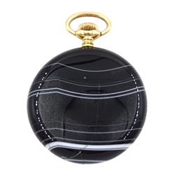 20th century open face keyless black and white agate pocket watch by Zenith, white enamel dial with Arabic numerals, five minute markers and subsidiary seconds dial, with gold pendant and bow