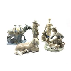 Lladro figure of a girl with a calf H19cm, a Lladro horse laying down and three other Continental figures