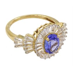 9ct gold oval tanzanite and cubic zirconia cluster ring, hallmarked