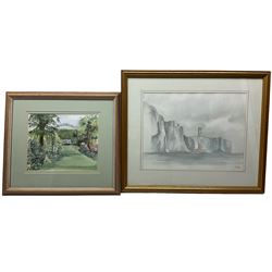 MC (British 20th century): Garden Scene, watercolour signed; English School (20th century): Coastal Landscape, watercolour indistinctly signed and dated '91 together with two needleworks 