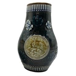 Late 19th century Doulton Lambeth relief decorated stoneware vase, applied with a roundel depicting a Hare, against a floral and lace ground, impressed marks, H12.5cm