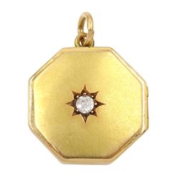 Early 20th century 18ct gold octagonal hinged locket, set with a single old cut diamond, Chester 1914, diamond approx 0.10 carat