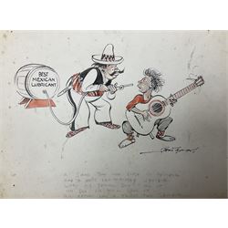Herbert Samuel 'Bert' Thomas (British 1883-1966): Cartoons, set three original pen and ink sketches with colour on card signed with satirical poem or limerick beneath 19cm x 25cm (3) (unframed)