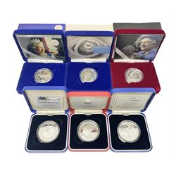 Six The Royal Mint United Kingdom silver proof five pound coins, comprising 1997 'Golden Wedding', 1997 'Diana', 1998 'His Royal Highness The Prince of Wales 50th Birthday', 2000 'Millennium', 2002 'Golden Jubilee' and 2002 '1900-2002 Her Majesty Queen Elizabeth The Queen Mother', all cased with certificate (6)