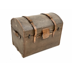 Early 20th century canvas covered and leather bound dome top travelling trunk, silk lined interior fitted with lift out tray