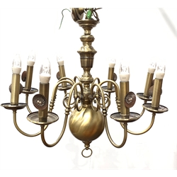 Dutch style brushed brass electrolier,  knopped column with eight scroll branches, electric fitments below a large spherical lower finial, H65cm 