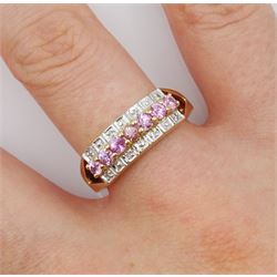 9ct gold three row pink stone and diamond chip ring, hallmarked 