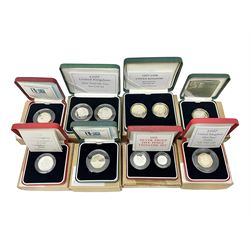 The Royal Mint United Kingdom cased silver proof coins or sets, comprising 1990 five pence two coin set, 1996 'A Celebration of Football' piedfort two pounds, 1997 piedfort fifty pence, 1997 fifty pence two coin set, 1997-1998 two pound two coin set, 2000 'Public Libraries' piedfort fifty pence, 2000 'Public Libraries' fifty pence and 2003 'DNA' two pounds, all cased with certificates

