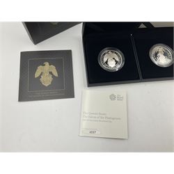 Two The Royal Mint United Kingdom 2019 'The Queen's Beasts' fine silver proof one ounce coins, comprising 'The Yale of Beaufort' and 'The Falcon of the Plantagenets', both cased with certificates (2)