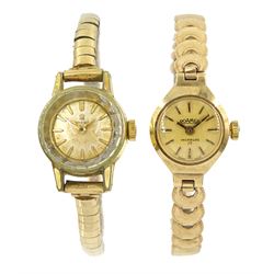 Omega gold-plated ladies wristwatch, on 9ct gold bracelet, hallmarked and a Roamer 9ct gold bracelet wristwatch, hallmarked, both manual wind
