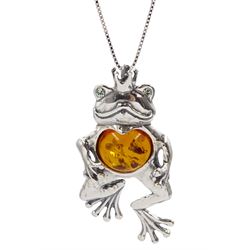 Silver amber Prince frog pendant necklace, stamped 925
