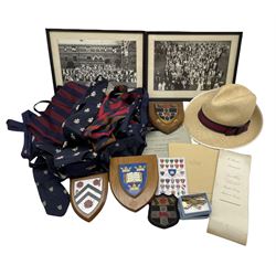 Oxford College University and similar memorabilia including two photographs of Keble Ball, Oxford 1947 and Magdalen College Commemorative Ball, Oxford 1950, each annotated on the reverse, various ties, painted wooden coat of arms, Document of Temporary enrolment for the Land forces of the Royal Army Medical Corps dated 31st December 1914 for William Brown, tie pins etc 