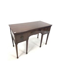 Edwardian inlaid mahogany kneehole side table, fitted with three drawers, raised on square tapered supports with peg feet 122cm x 58cm, D84cm