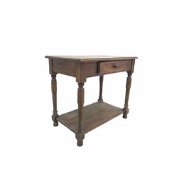 18th century side oak side table, fitted with one drawer, raised on turned supports united by under tier, W81cm