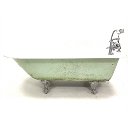 Victorian style enamelled cast iron roll top bath, with chrome plated Monoblock tap fitting, raised on shell cast cabriole supports, L173cm, H60cm, D79cm with additional tap fitting, 
