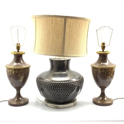 Pair of urn form table lamps together with a large modern table lamp with textured design and brown glaze, H65cm overall (3)