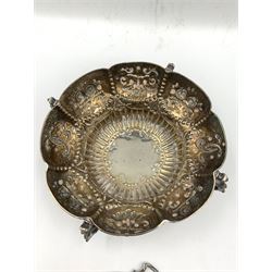 Silver circular bowl of lobed design D10cm London 1909 Maker Goldsmiths and Silversmiths Co., silver tea strainer with flattened handle and another with turned handle, 5.6oz weighable silver (3)