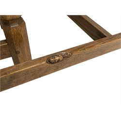 Beaverman - adzed oak nest of three tables, on octagonal supports joined by plain stretchers, carved with beaver signature, by Colin Almack of Sutton-under-Whitestone Cliffe