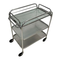 The English Electric Co. - early 20th century Art Deco period chrome drinks or cocktail trolley, removable tray top with decorated glass inset over two tiers