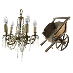 Gilt metal five branch ceiling light hung with lustre drops and a Victorian wooden toy cart, for repair (2)