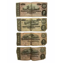 The Confederate States of America, two five dollar bills, ten dollars and twenty dollars, all dated February 17th 1864, with hand written serial numbers (4)