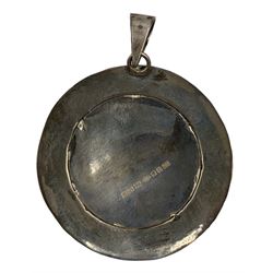 Modern silver pendant, of circular form with central enamel plaque depicting a coastal scene, within a rope twist border, hallmarked Jon Braganza, London 2018, D4.5cm