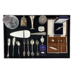 Cut glass globe scent bottle with silver cover, Millenium mark 2000, silver and mother of pearl trowel bookmark, Birmingham 1924, silver thimble by Charles Horner, silver topped glass bottles, small silver box, silver cased penknife and other items