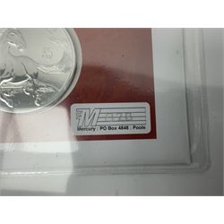 Three 2014 silver coin or medallion covers, comprising 'The Royal Visit to New Zealand' containing New Zealand 2014 one dollar, 'Lunar Year of the Horse' containing Queen Elizabeth II one ounce fine silver two pounds, and 'Buckingham Palace' containing Baird and Co one ounce fine silver medallion