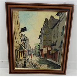 French School (20th century): 'Rue St Denis', oil on canvas indistinctly signed and titled 54cm x 45cm