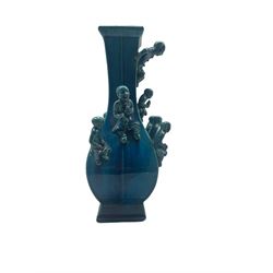 18th/19th century Chinese turquoise glazed 'Boys' vase, square section form applied with children in various poses, unmarked H28cm 