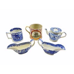 Large 19th century Sunderland lustre mug, picked out in colours with the Mariners Arms and a sailing ship to the reverse H13cm,  19th century blue and white Field Sports pattern mug, blue and white pearl ware teapot and two blue and white sauce boats