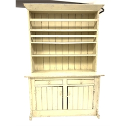19th century painted pine dresser, with three height plate rack over two drawers and cupboard enclosing single shelf,  W133cm, H94cm, D43cm