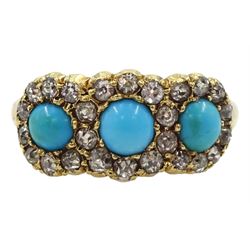 Early 20th century turquoise and diamond triple cluster ring, three round turquoise within a border of eight cut diamonds, stamped 18ct, total diamond weight approx 0.50 carat 