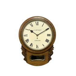 Bryant of London - oak cased single fusee drop dial wall clock, with carved ears, pendulum viewing glass, and pendulum regulation door, 12