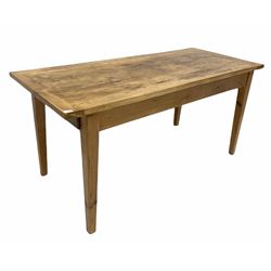 Farmhouse pine dining table, fitted with one drawer, raised on square tapered supports, W168cm, D73cm , H80cm.