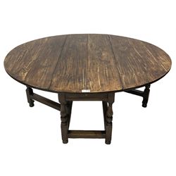 18th century oak drop-leaf dining table, oval top fitted with single drawer, raised on vasiform turned supports with double gate-leg action, united by stretchers