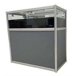 Jewellery counter display cabinet, sliding rectangular glazed top with light fittings, two sliding doors to the front and compartment below