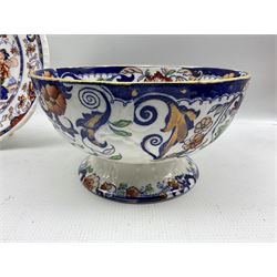 Masons Ironstone pedestal fruit bowl, two Masons Ironstone jugs, two Amherst Japan plates, sauce tureen, bowl and other items (10)
