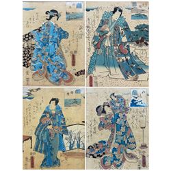 Utagawa Kunisada (Toyokuni III) (Japanese 1786-1865): 'Tokonatsu' 'Suetsumuhana' 'Suma' 'Hatsune' 'Akashi' and other Female Beauties, set ten mid-19th century ukiyo-e woodblock prints from an untitled series of Genji pictures signed with seal 23cm x 18cm together with two others similar (12)
