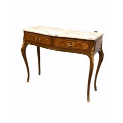 French style walnut and beech console table of serpentine form, the moulded white variegated marble top over two drawers, raised on cabriole supports with gilt metal mounts and sabot feet W106cm