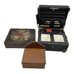 Victorian black leather correspondence box containing a 19th century ivory rule, two dip pens and two travel inkwells, Victorian work box with needlework top and another box
