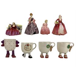 Three Royal Doulton figures comprising Sweet & Twenty HN 1610, Rose and Janet, Royal Worcester figure First Dance and four Carlton Ware novelty mugs (8)