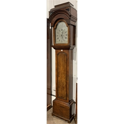 19th century and later eight day mahogany and oak longcase clock, hood with caddy top over arched door flanked by plain pilasters, full length trunk door, shaped bracket supports, silvered dial with Roman and Arabic chapter ring, subsidiary seconds ring and date aperture, eight day movement striking hammer on bell, H237cm