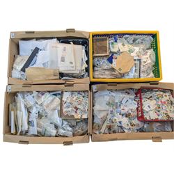 Great British and World stamps, mostly loose on pieces, including GB Queen Elizabeth II, Germany, Nigeria, Netherlands, South Africa etc, in four boxes