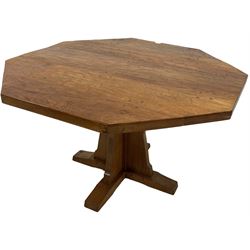 Peter 'Rabbitman' Heap of Wetwang - Yorkshire oak octagonal dining table, adzed detailed top raised on centre column featuring rabbit signature, supported by sledge feet (D122cm, H73cm)