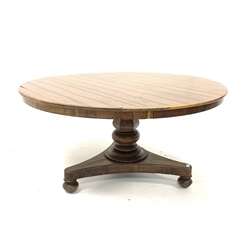  19th century rosewood centre table, with circular top covered in Formica, raised on turned pedestal and platform base, D140cm  