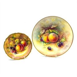 Royal Worcester porcelain fruit painted tea plate by John Smith of gadroon edged shaped circular form, D15cm together with a Minton fruit painted plate 'Apricots' by Roger Shuttlebotham D23cm (2)