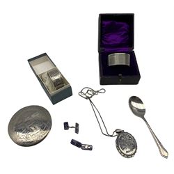 Small silver lot including pendant, Jerusalem compact marked 835, teaspoon, two napkin rings, plated cufflinks etc