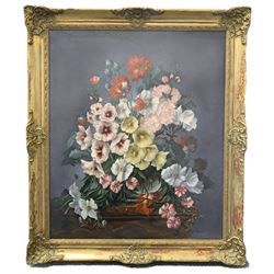 Benjamin Farrar (British 20th century): Still Life of Hollyhocks Poppies and Gallardias, oil on canvas signed 60cm x 50cm