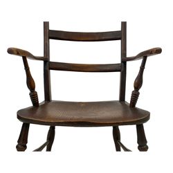 19th century elm and ash farmhouse armchair, high ladder back over shaped saddle seat, scrolled arm terminals supported by ring turned spindle, raised on turned supports united by H-stretcher